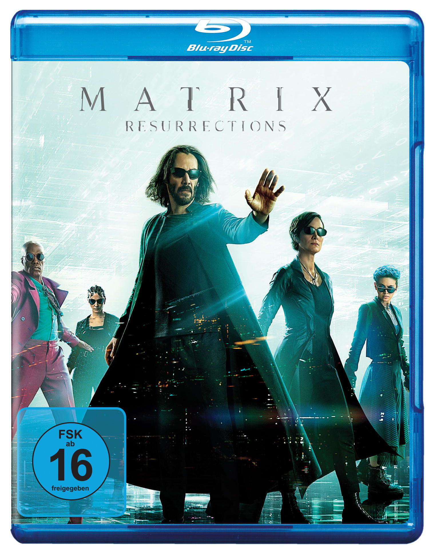 Blu-ray-Hülle für Matrix Resurrections. Charaktere stehen in einer Gruppe. Die Hülle hat einen blauen Rand.
