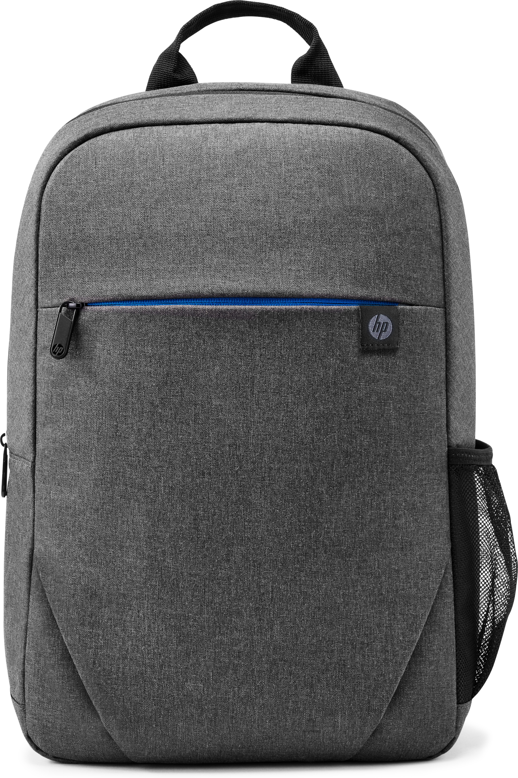 Grauer HP-Laptop-Rucksack. Mit einer Vordertasche mit Reißverschluss, einer seitlichen Netztasche und einem schwarzen Griff.