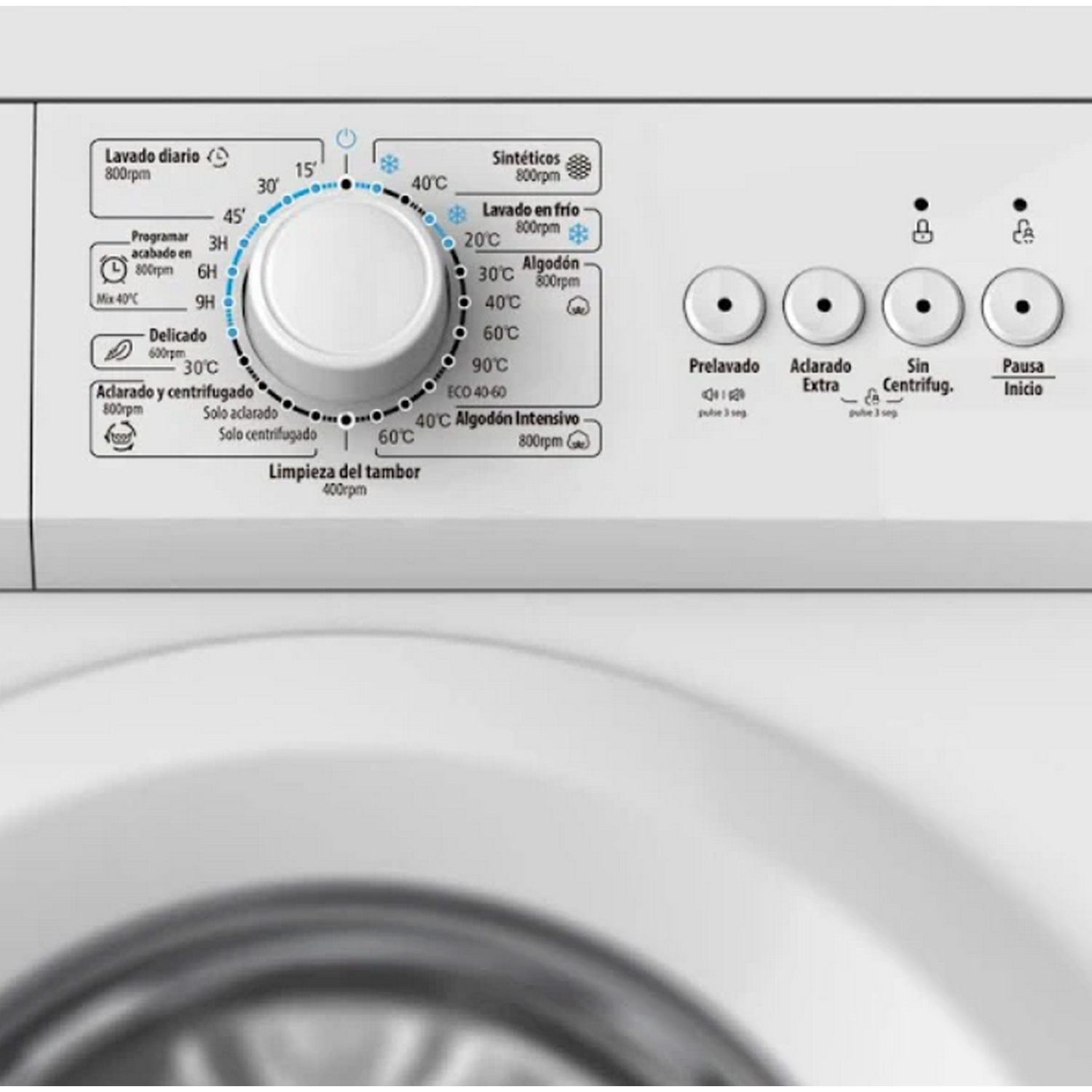 Panel de control de lavadora con varias configuraciones de programa y selecciones de temperatura.