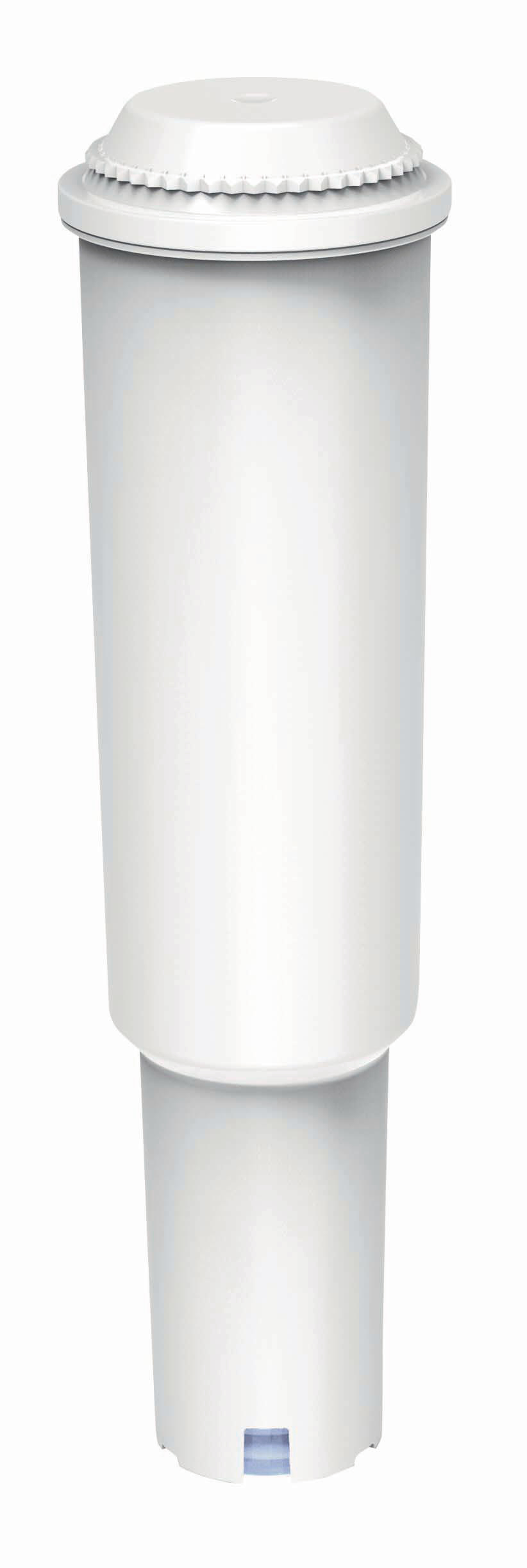 Ein weißer Wasserfilter. Es ist zylindrisch, mit einem weißen Deckel und einem blauen Quadrat am Boden.