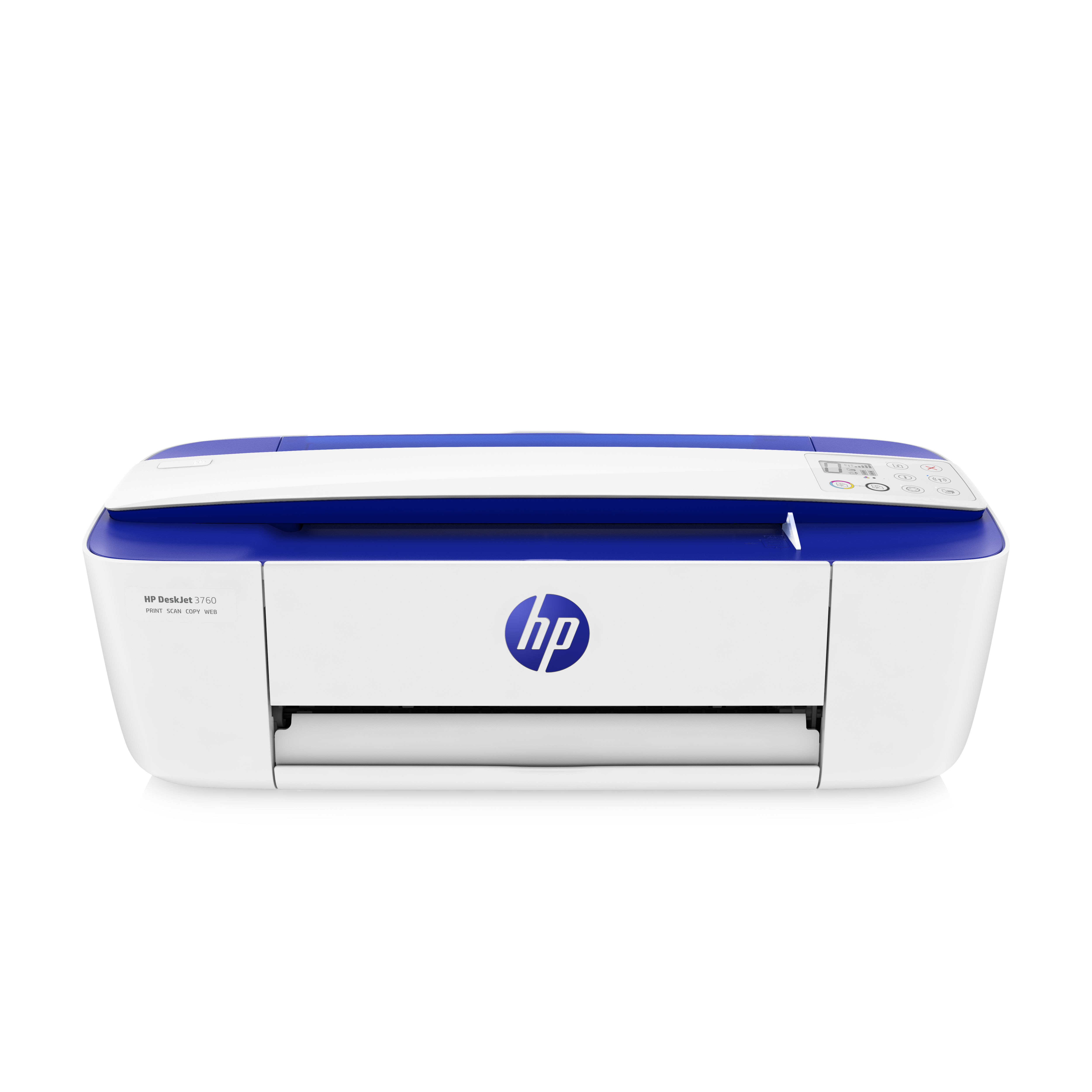 Fehér és kék HP DeskJet 3760 nyomtató, felülnézetből, fehér háttérrel.