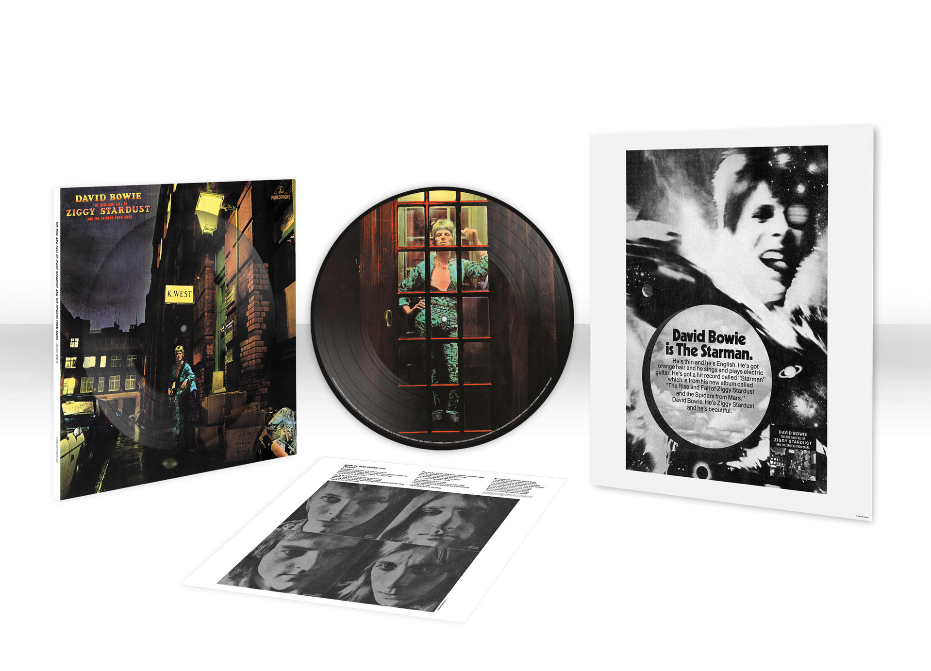David Bowie Albumcover, Vinyl und ein Poster.