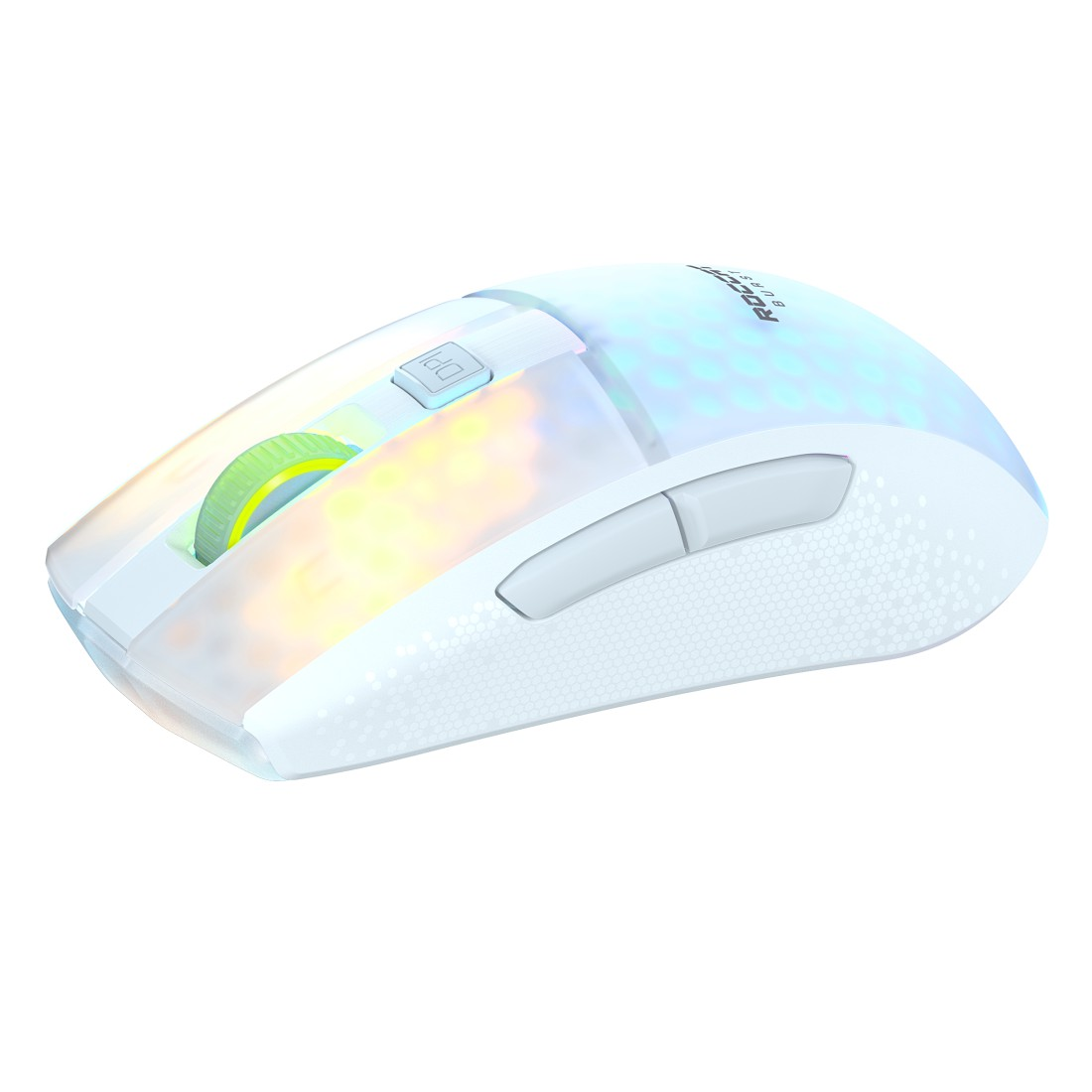 Weiße Gaming-Maus mit RGB-Beleuchtung. Sie hat ein Scrollrad und zwei Seitentasten.