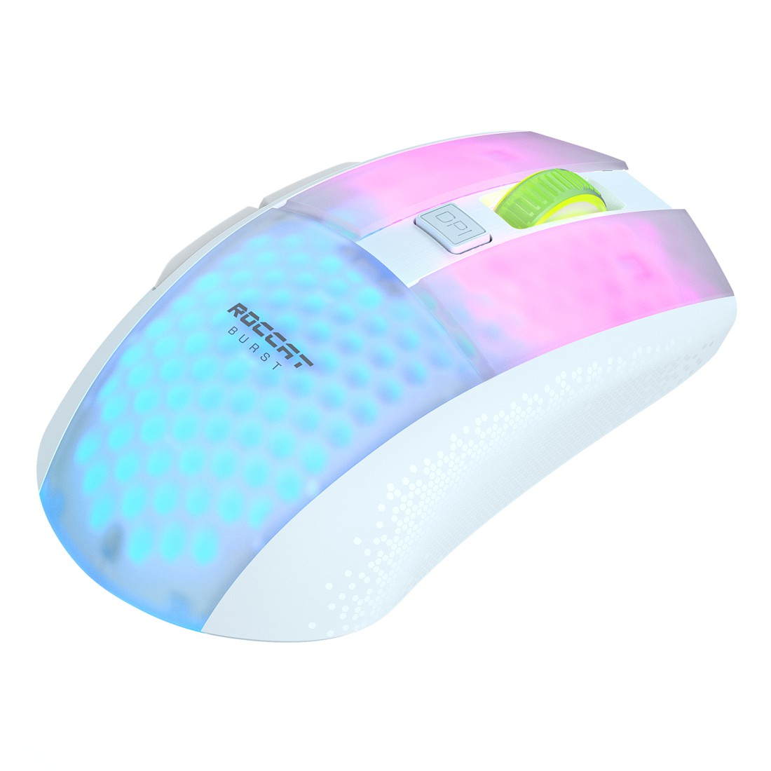 Weiße Gaming-Maus mit RGB-Beleuchtung und grünem Scrollrad.