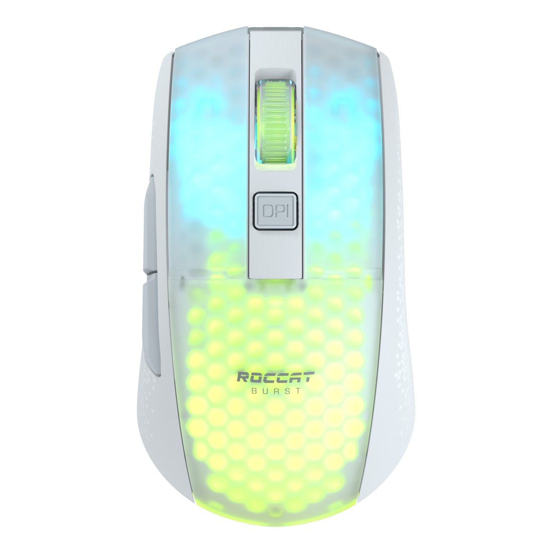 Weiße Gaming-Maus mit RGB-Beleuchtung und DPI-Taste.
