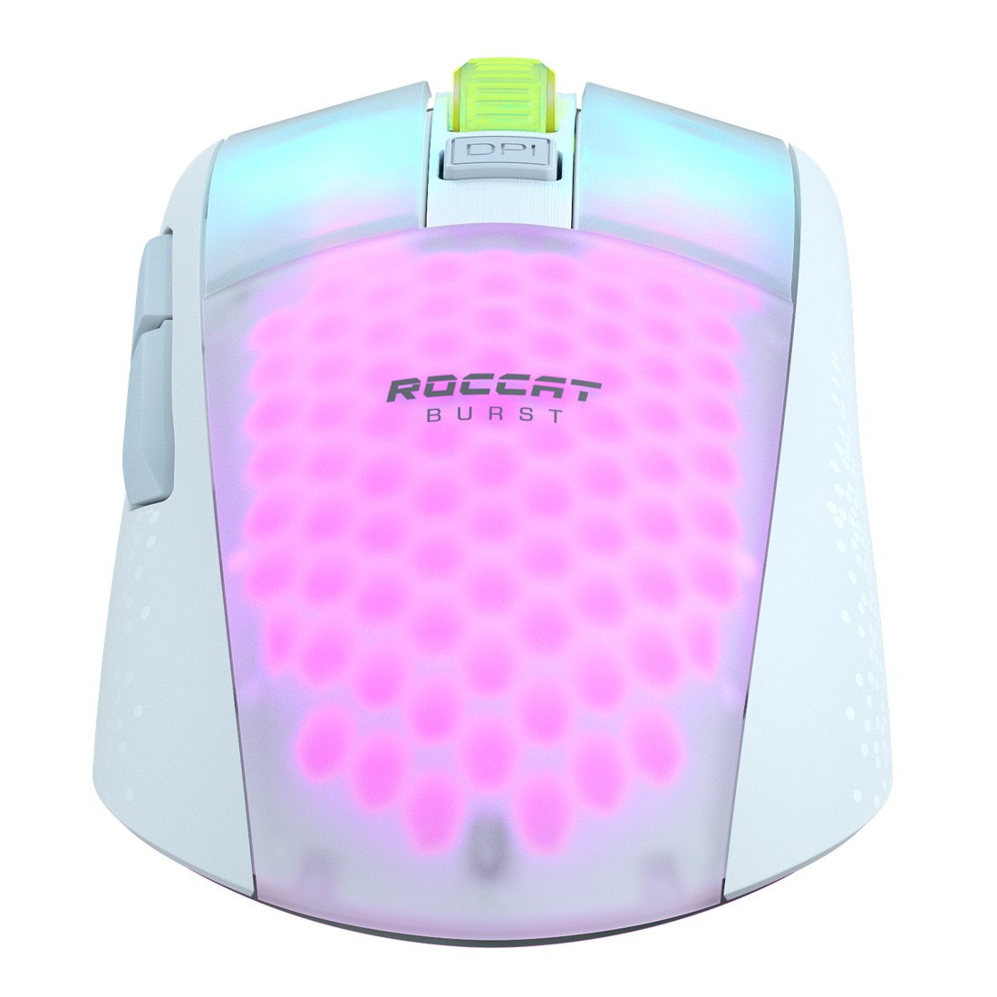 Eine weiße Gaming-Maus mit rosa Beleuchtung und dem Wort ROCCAT BURST.