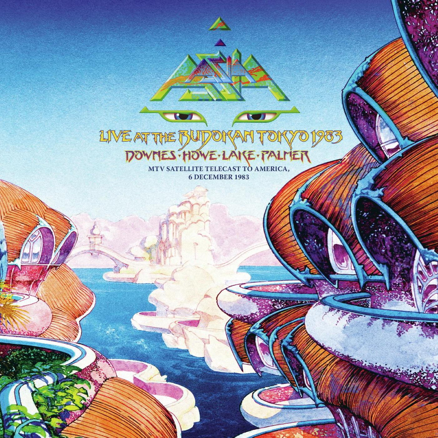 Asia Live at the Budokan Tokyo 1983 album borítója. Színes, absztrakt jelenet szöveggel és logóval.