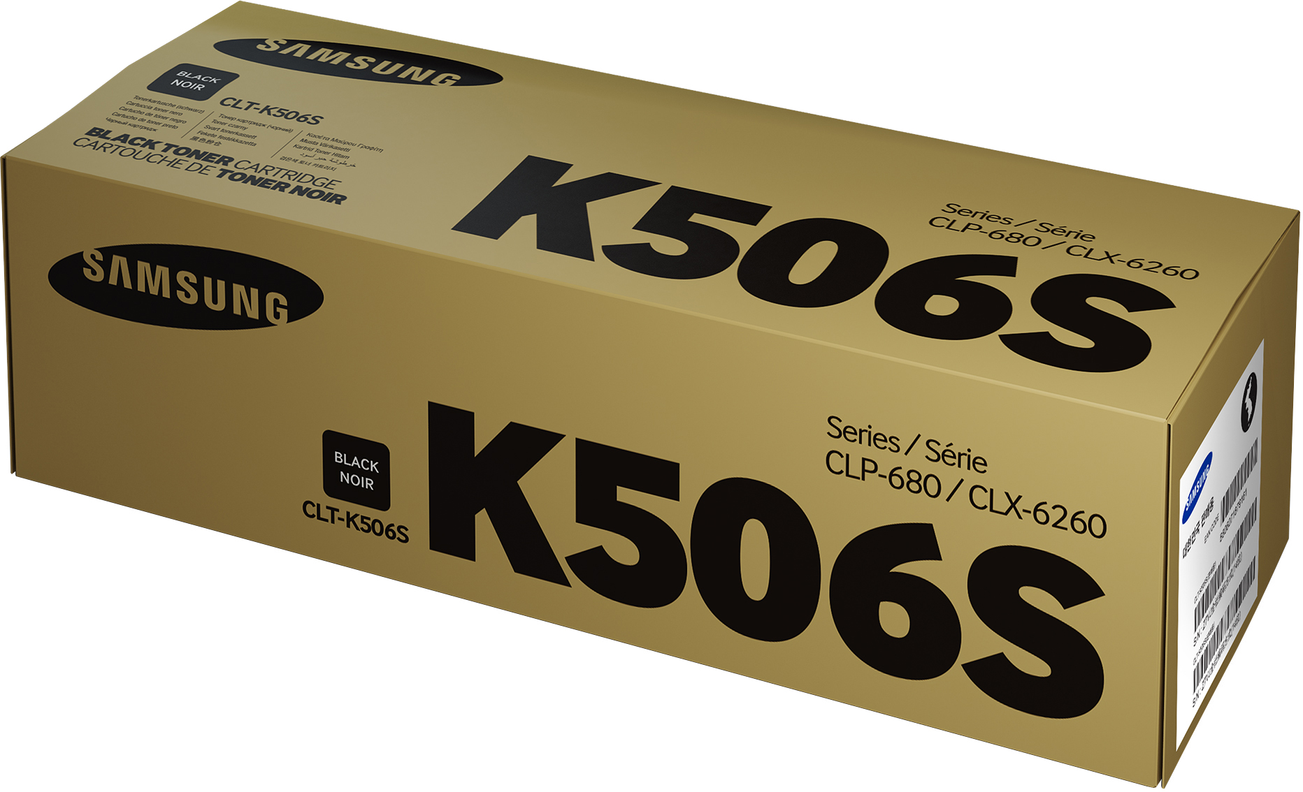 Eine goldene und schwarze Samsung-Tonerkartuschenbox mit der Aufschrift 'K506S', 'Black Toner Cartridge' und 'CLP-680/CLX-6260'.