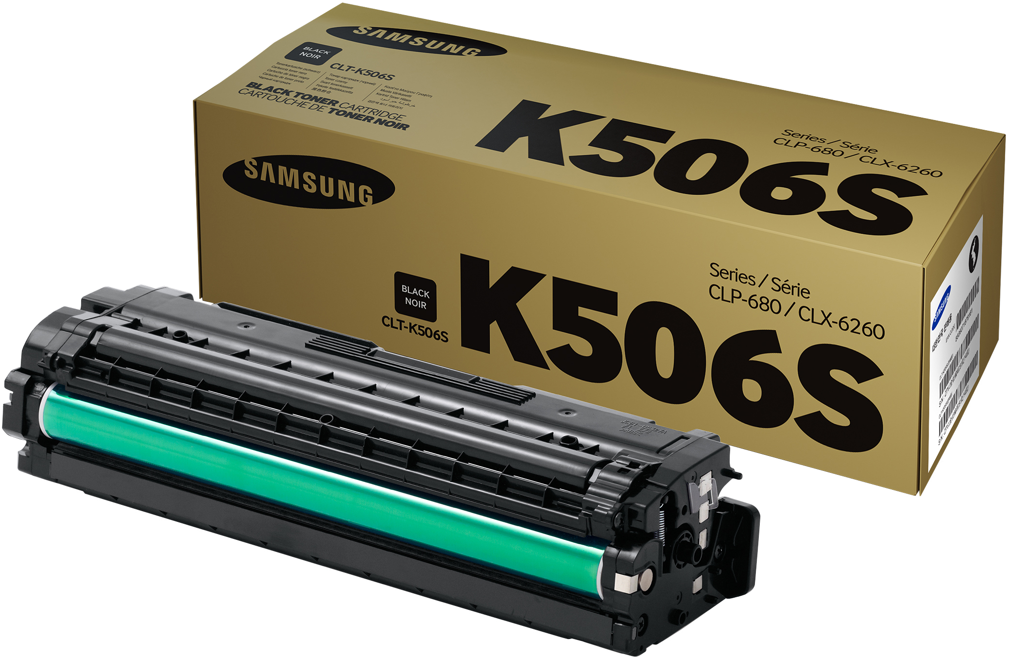 Eine schwarze Tonerkartusche mit grüner Walze vor einer goldenen Schachtel. Auf der Schachtel steht Samsung K506S und weitere Informationen.