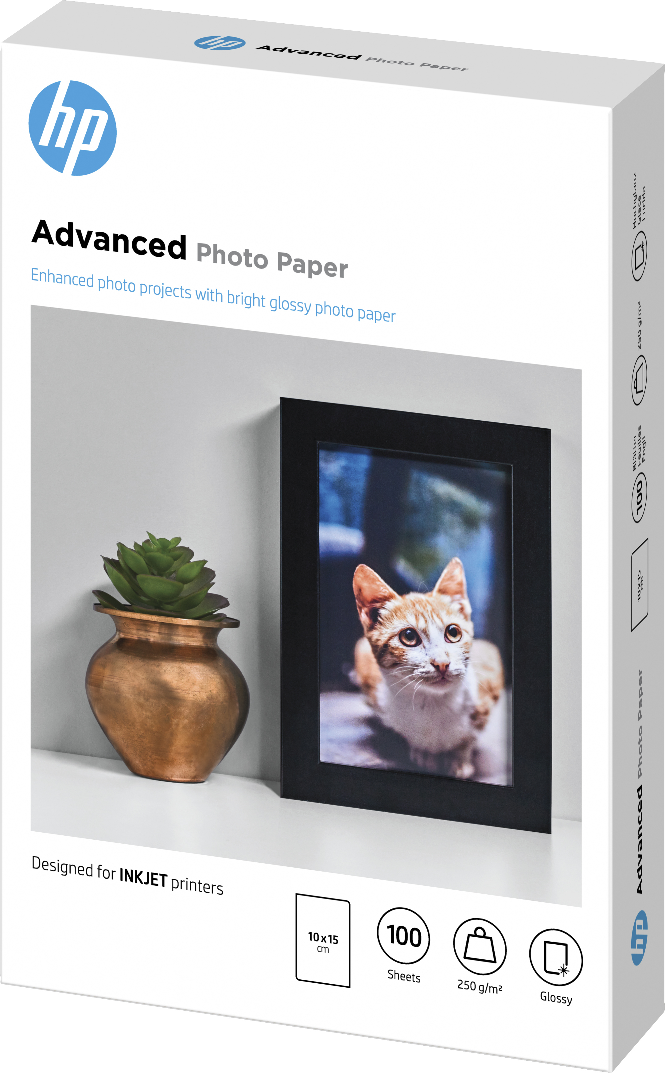 Box mit Foto einer Katze in einem Rahmen, einer kleinen Pflanze und Text über HP Advanced Photo Paper.