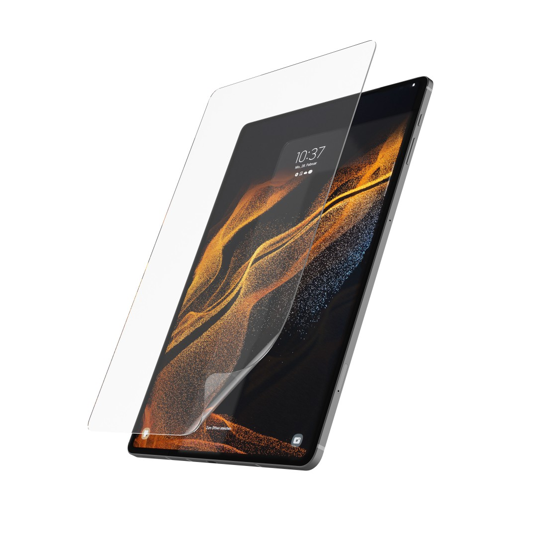 Tablet mit Displayschutzfolie. Das Tablet zeigt die Uhrzeit 10:37 an. Der Schutz ist teilweise abgezogen.