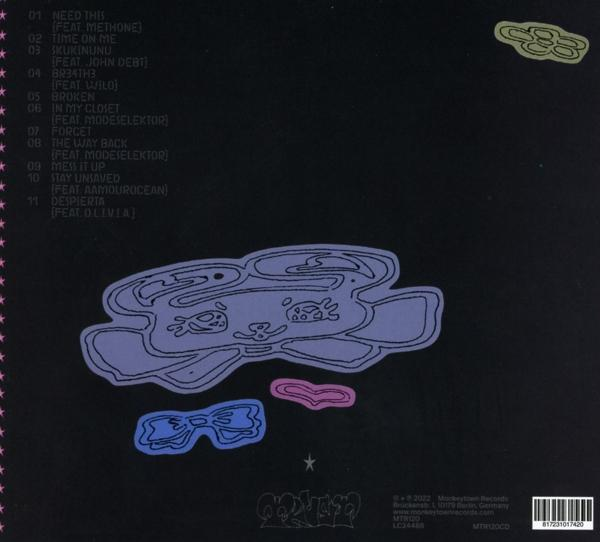 Album borító: Fekete háttér színes rajzfilmformákkal. Szöveg a dalokkal. Logó alul. Vonalkód jobbra lent.