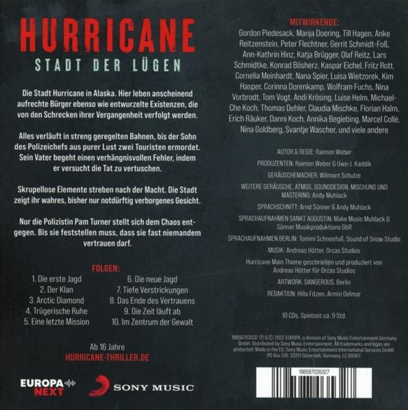 CD-Cover, Titel: Hurricane Stadt der Lügen. Text, Credits und eine Titelliste auf der Rückseite. Sony Music Logo.