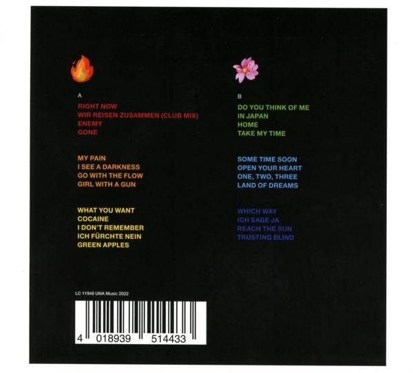 Album-Rückseite mit Titellisten und Symbolen. Enthält einen Barcode.