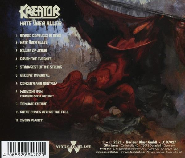 Albumcover mit Text 'Kreator Hate Über Alles' und Titelliste. Eine rot gekleidete Figur ist auf dem Cover.