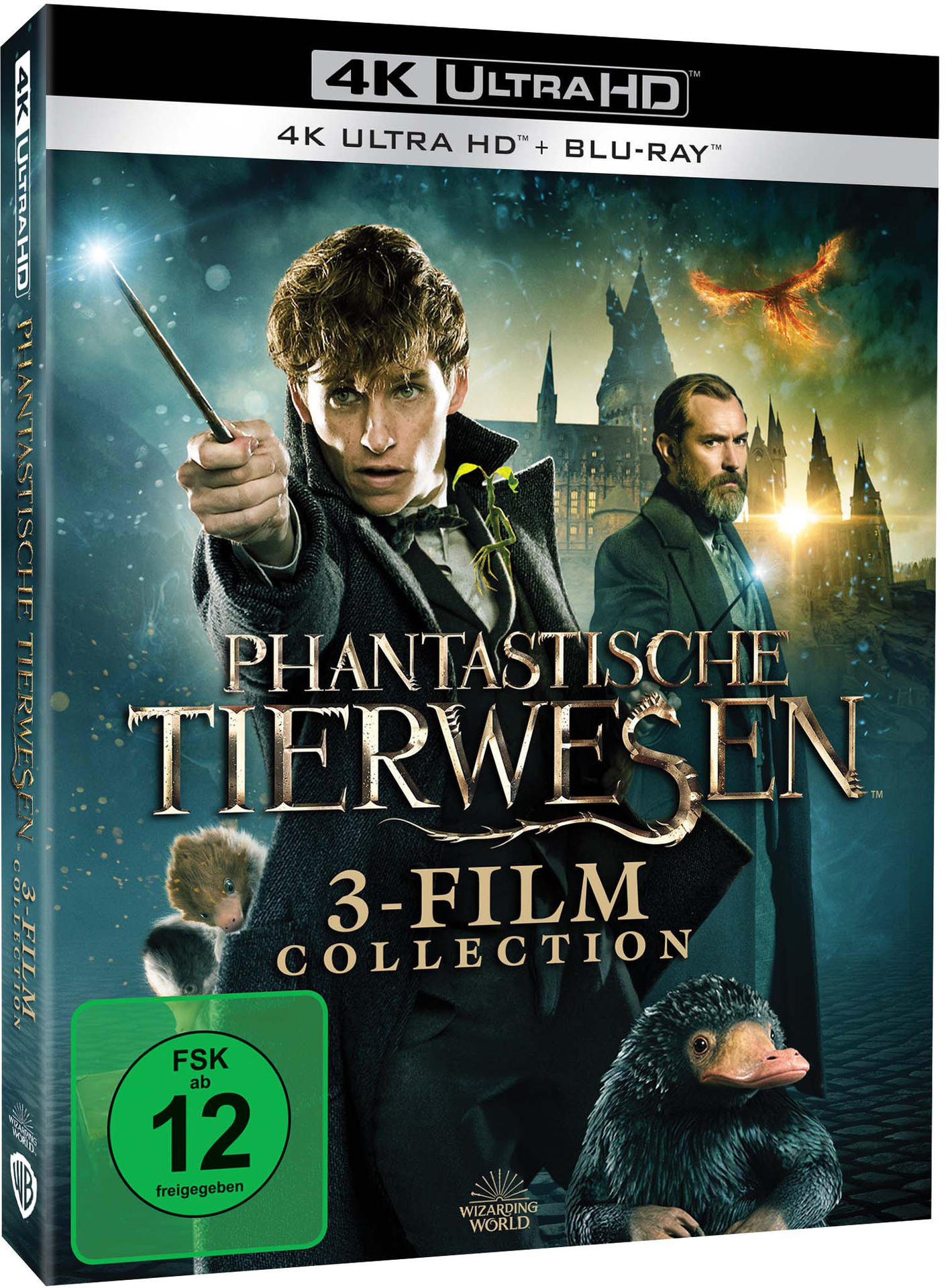 Filmkoffer für 'Phantastische Tierwesen' 3-Film-Sammlung, mit Schauspielern und dem Filmtitel prominent dargestellt.