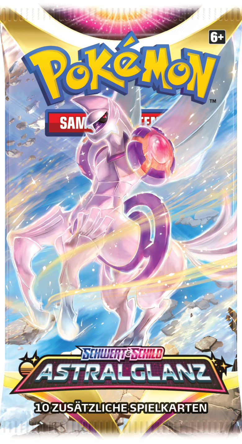Eine Pokémon-Sammelkartenpackung mit einer weißen und lila drachenartigen Kreatur.