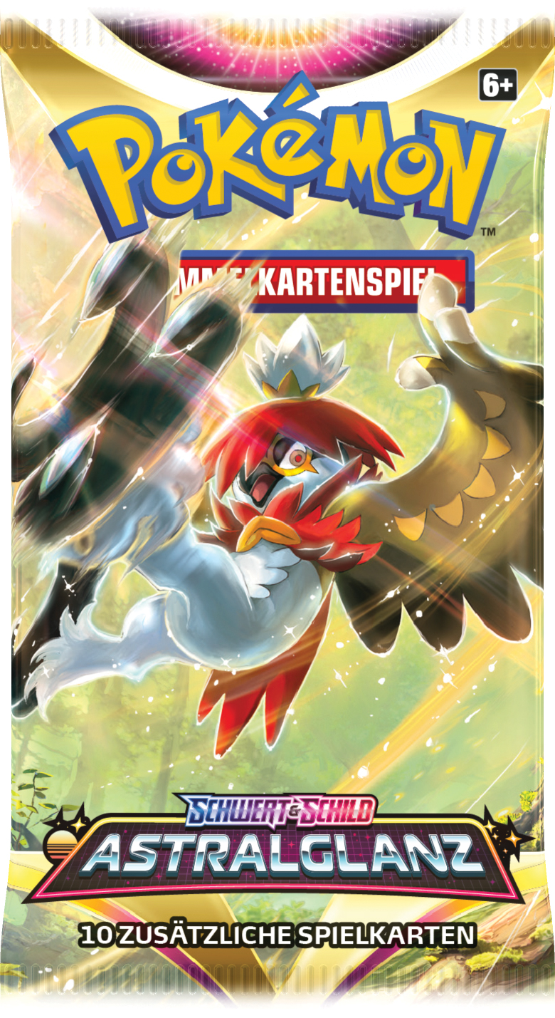 Pokemon-Kartenpackung. Ein Vogel-Pokemon mit feurigen Haaren ist auf der Vorderseite zu sehen.