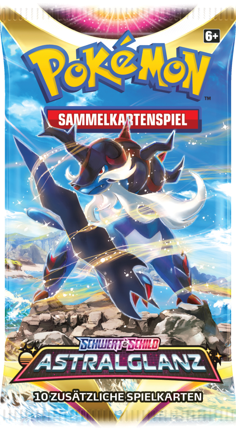 Pokemon-Kartenpackung. Blaues und weißes Farbschema mit einem Pokemon-Charakter auf der Vorderseite.