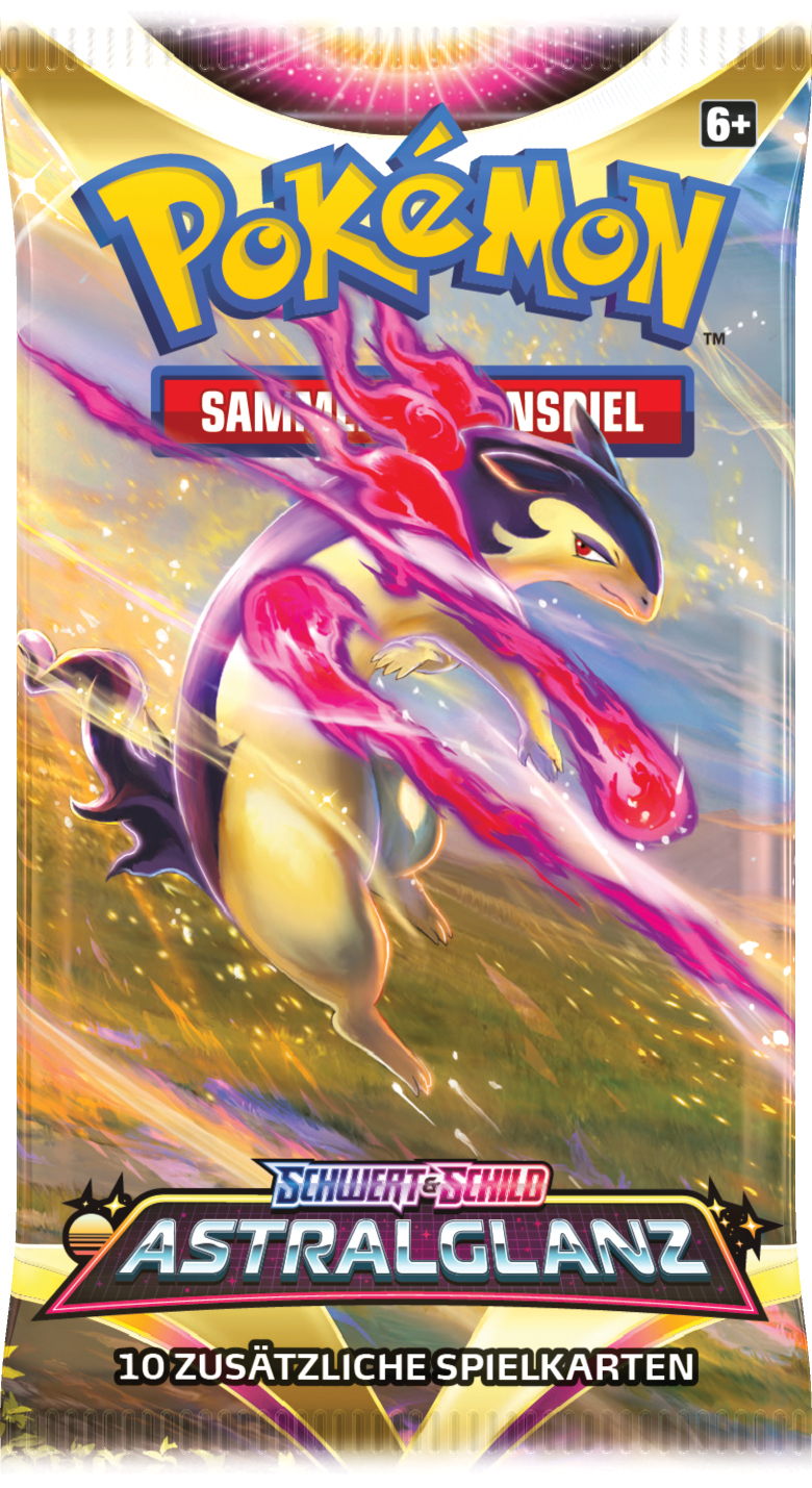 Eine Pokémon-Kartenpackung mit deutschem Text. Die Packung zeigt ein feuriges Pokémon.