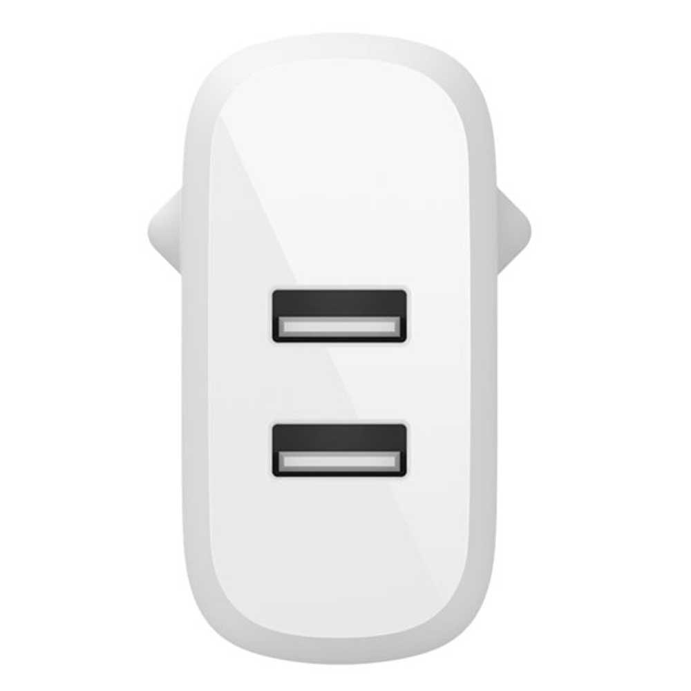 İki siyah USB portlu beyaz USB şarj cihazı.
