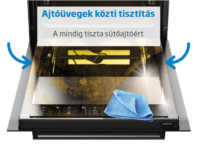 Sütőajtó üveg tisztítása kék ruhával.