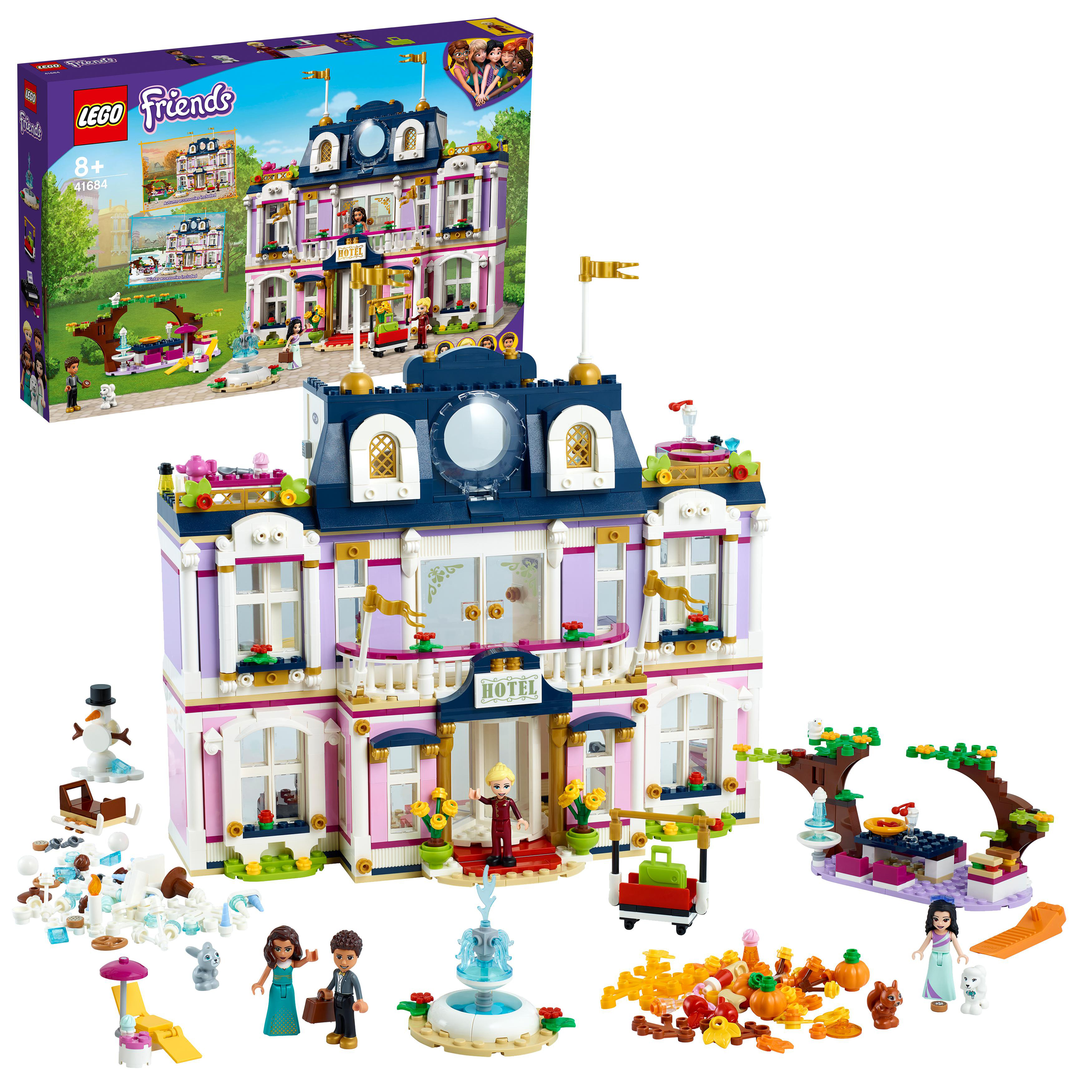LEGO Friends Hotel-Set mit Hotelgebäude, Figuren und verschiedenen anderen Zubehörteilen.
