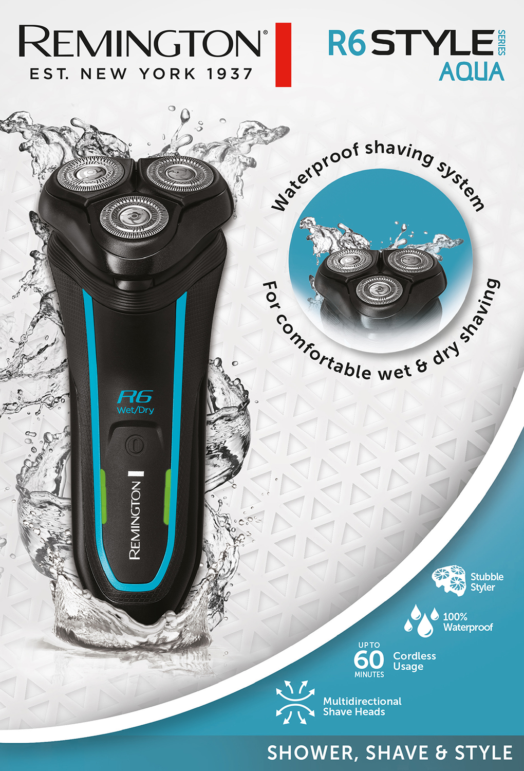 A black and blue electric shaver. Water splashes around it, with text 'Shower, Shave & Style'.