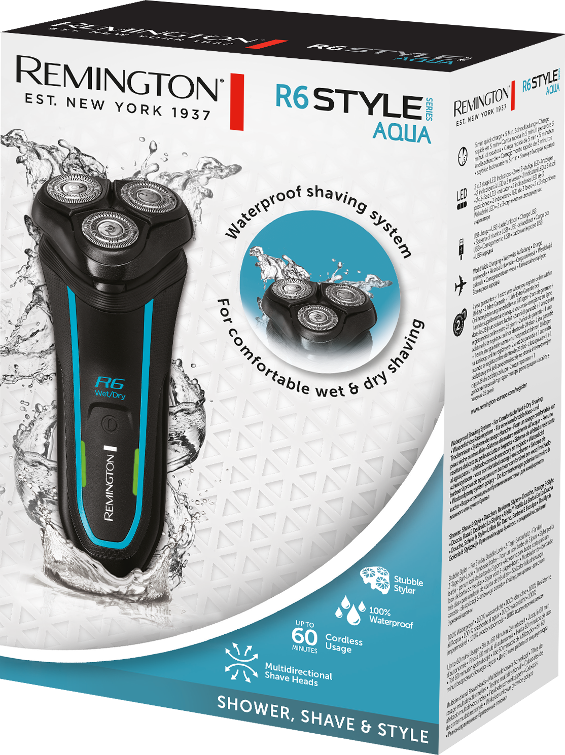 Electric shaver in a box. Box has images and text. Water splash.