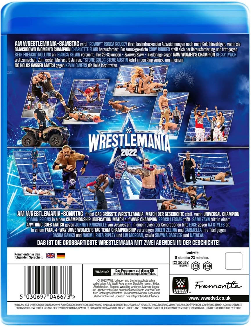 Rückseite einer DVD-Hülle mit Wrestlern in Aktion und Text über Wrestlemania 2022.