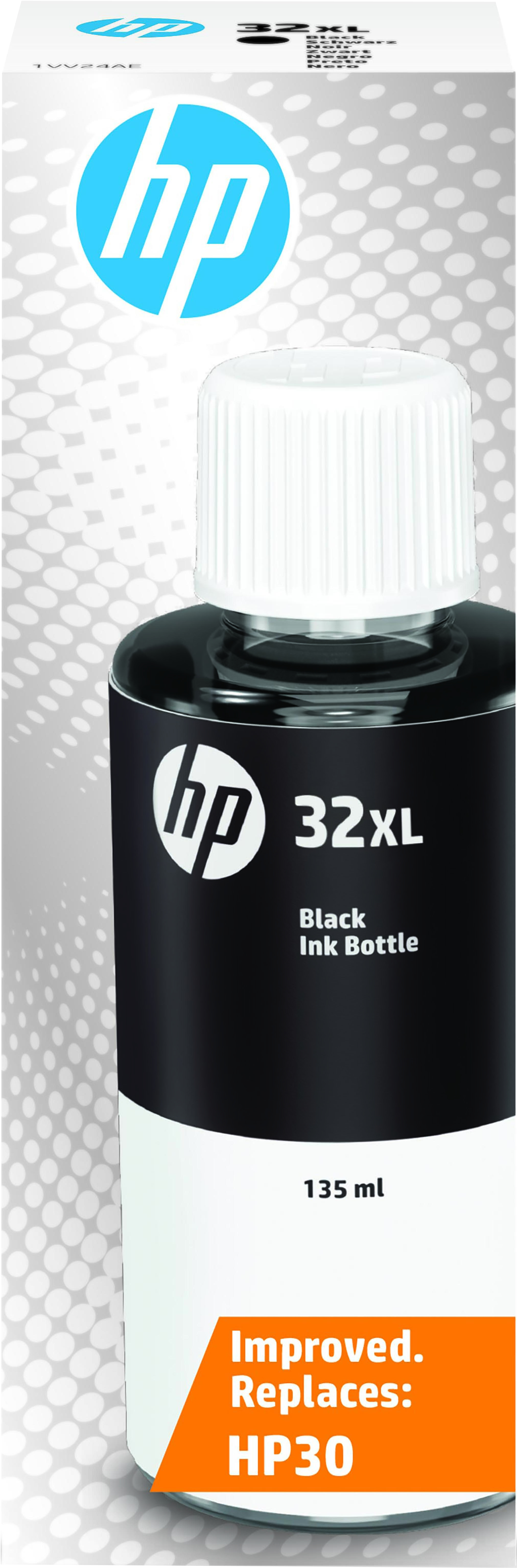 Een HP 32XL zwarte inktfles, met een witte dop en een zwart-oranje label aan de voorkant.