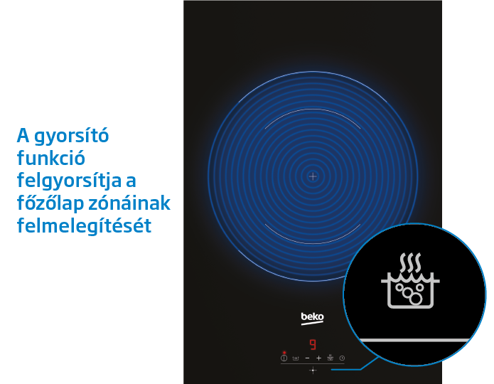 Fekete főzőlap kék körrel. A fazék ikon forrásban lévő vizet mutat, gyors melegítést sugallva.