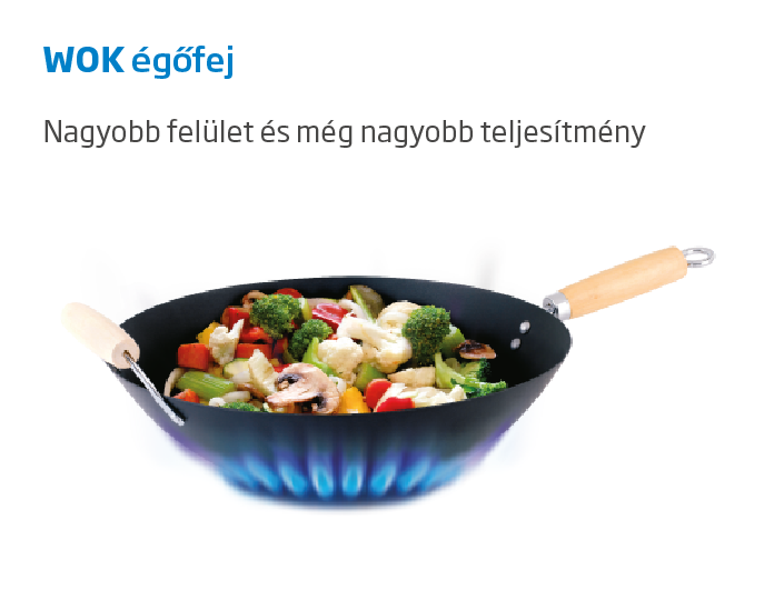 Wok serpenyő zöldségekkel, kék lángon, fehér háttérrel.