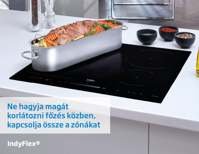 Indukciós főzőlap étellel és a termékről szóló szöveggel.