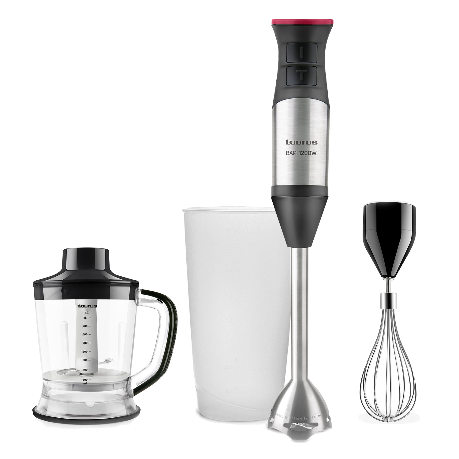 Batidora de mano - Taurus Bapi 1200 Plus, 20 Velocidades, Cuchillas de acero inox, Baten y pican, Incluye: Vaso medidor, jarra-picadora y emulsionador