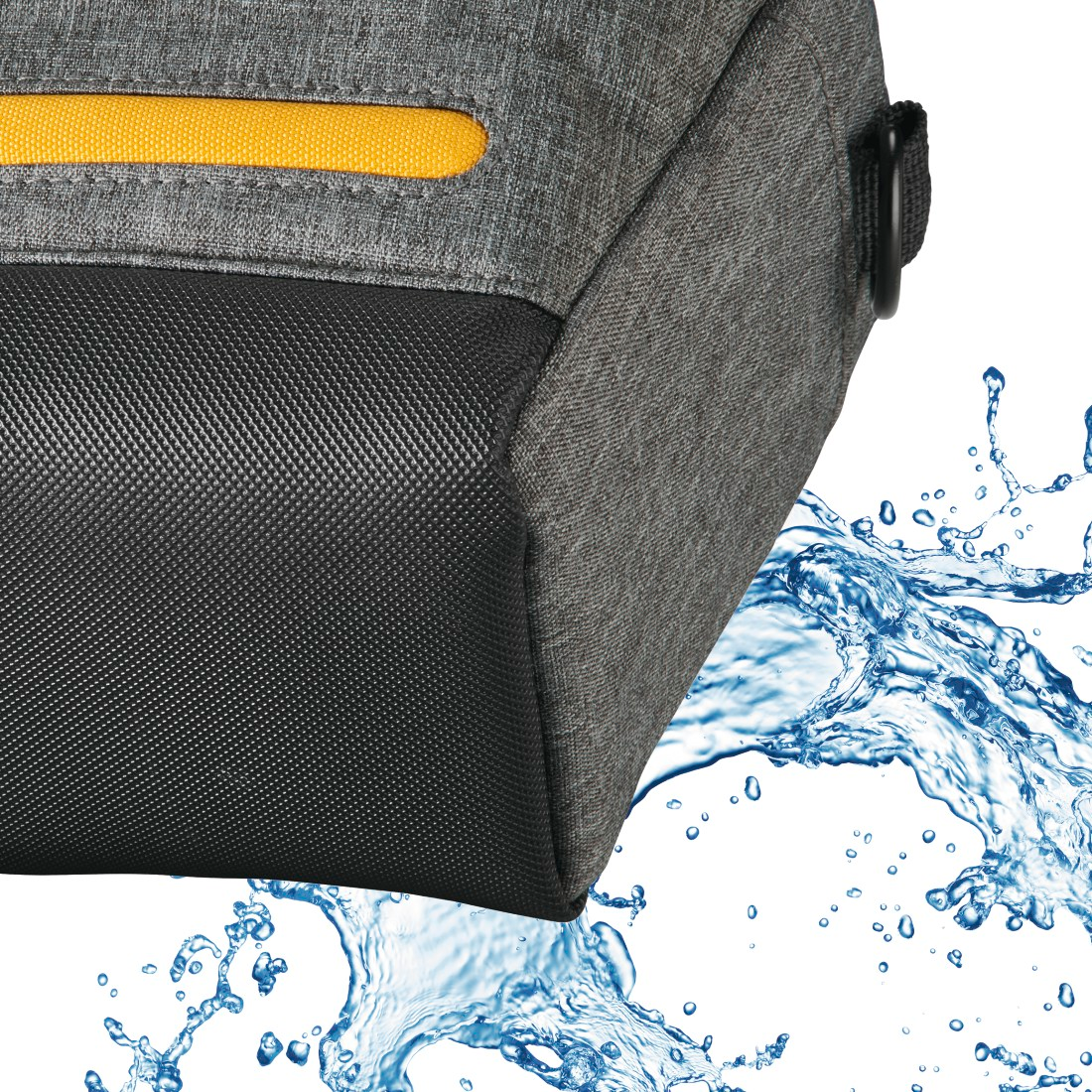 Eine Ecke einer grauen und schwarzen Tasche mit gelben Details, mit Wasserspritzereffekt.