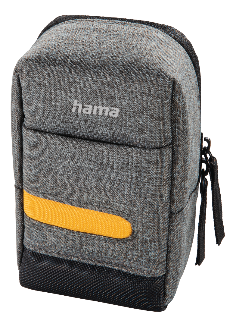 Graue Kameratasche mit orangefarbenem Akzent. Hama-Logo sichtbar. Schwarze Basis.