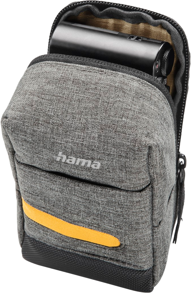 Graue Hama Kameratasche, offen, mit einer Kamera darin.