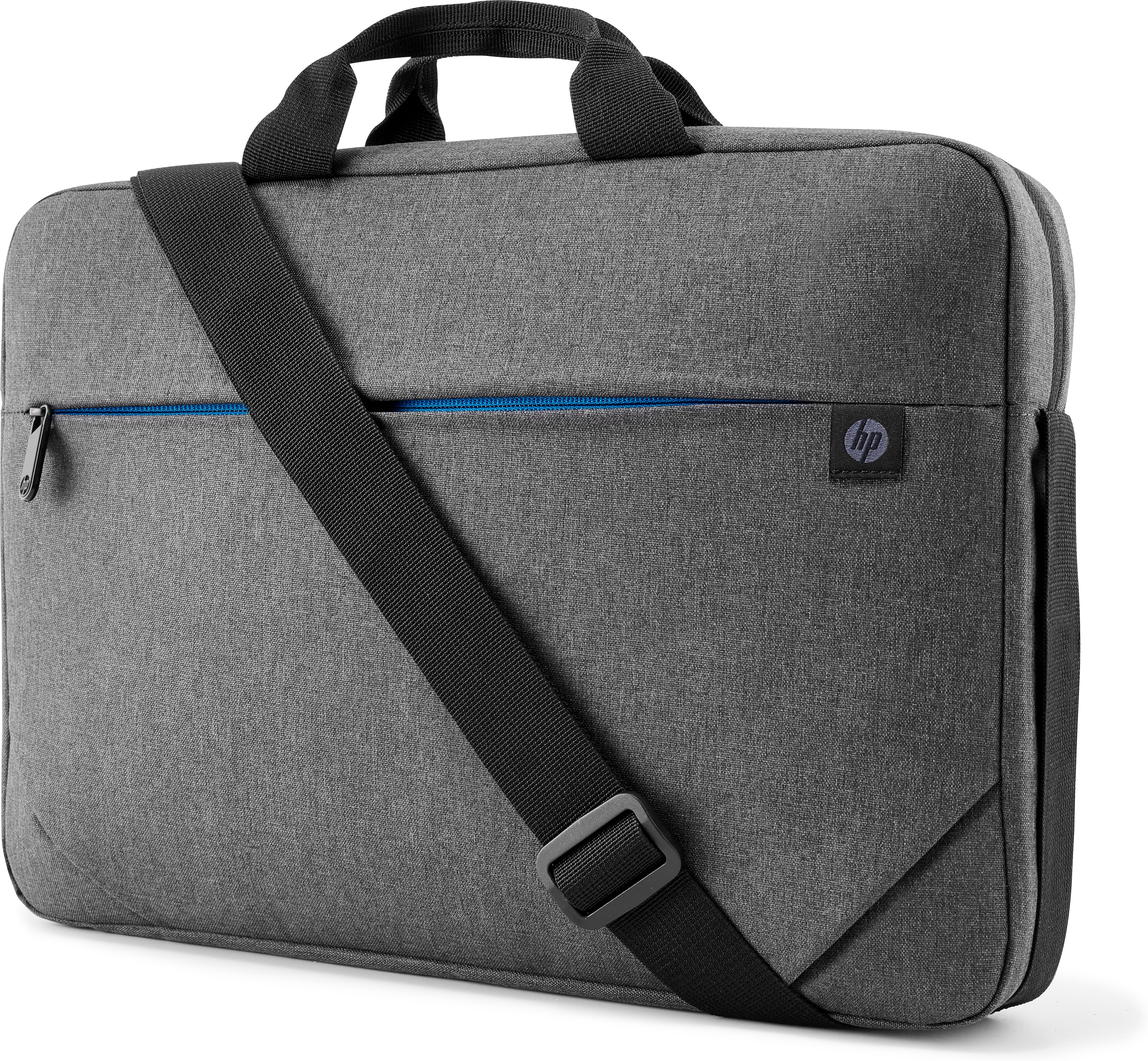 Gray laptop bag with a black shoulder strap and a blue zipper accent.