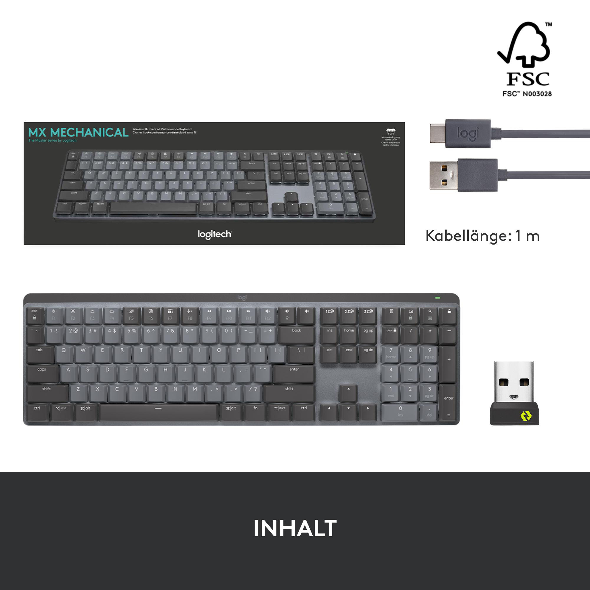 Mechanische Logitech-Tastatur mit Zubehör. Sie befindet sich auf weißem Hintergrund.