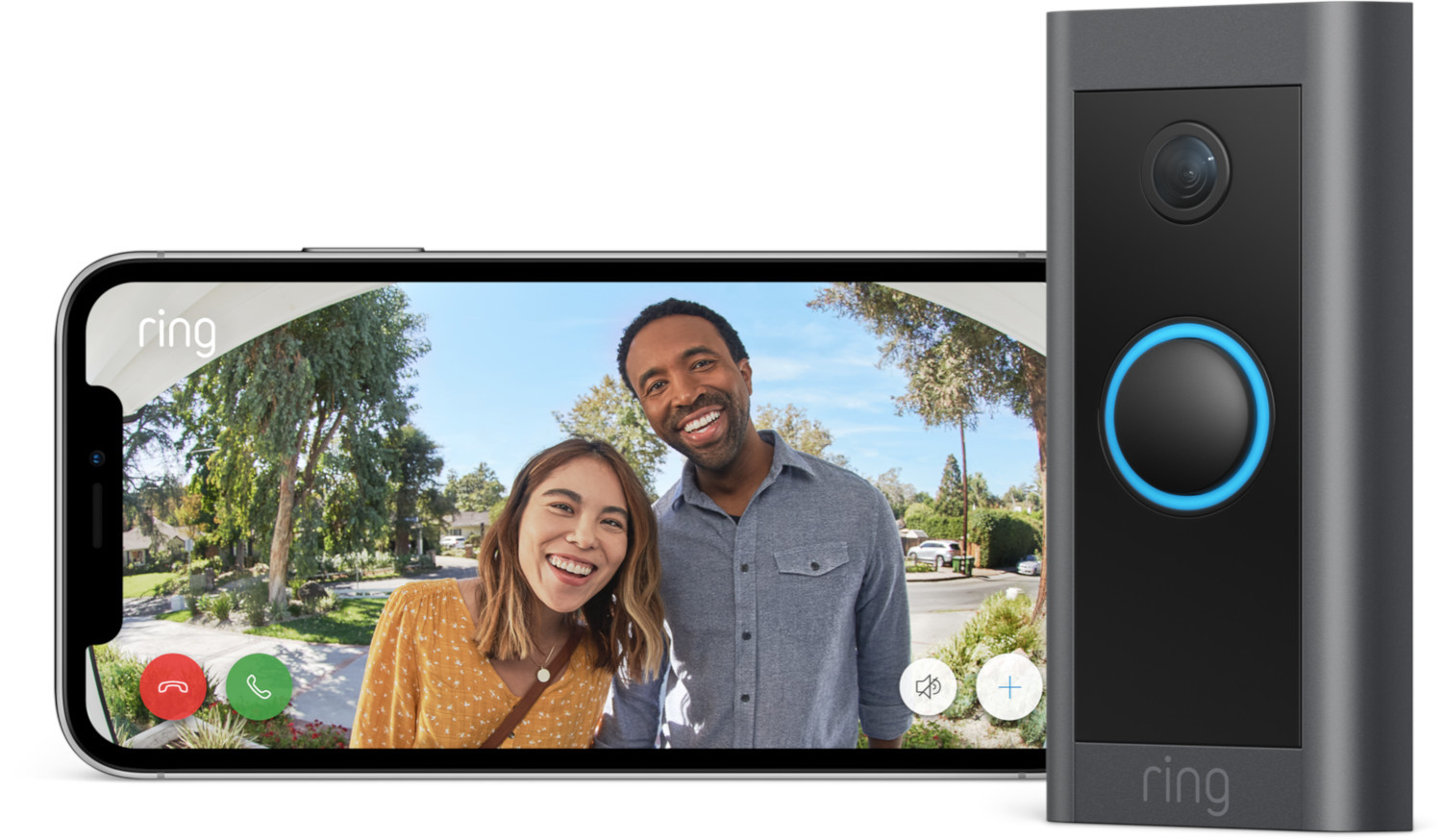 Ring video doorbell with a phone showing a couple.  White background.