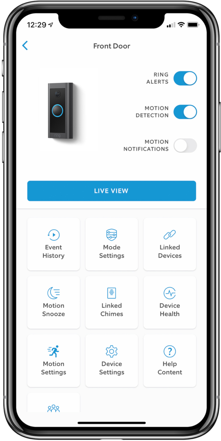 Smartphone screen showing a Ring app interface with settings and options.