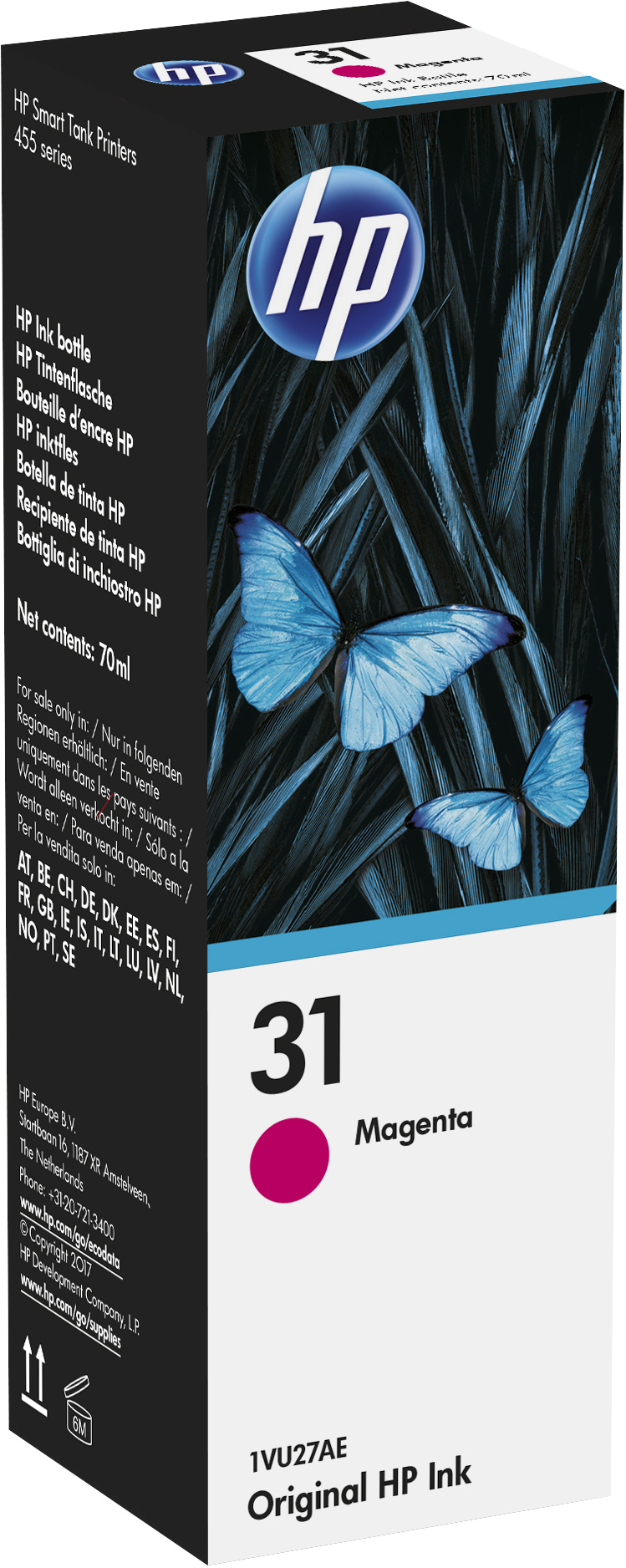 HP inktcartridge doos met magenta inkt en vlinder afbeeldingen.