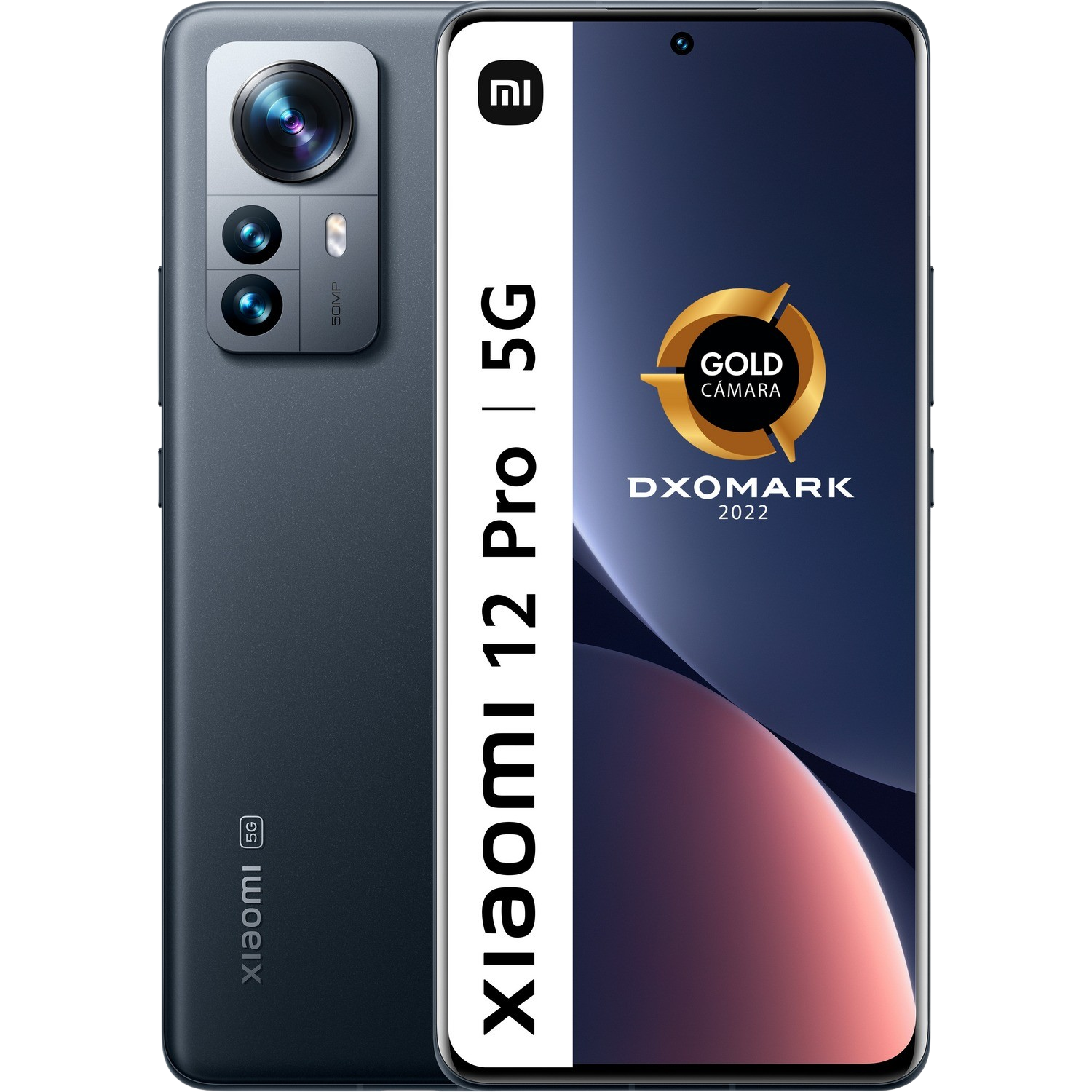 Teléfono Xiaomi 12 Pro 5G, parte trasera gris y pantalla que muestra un gráfico.