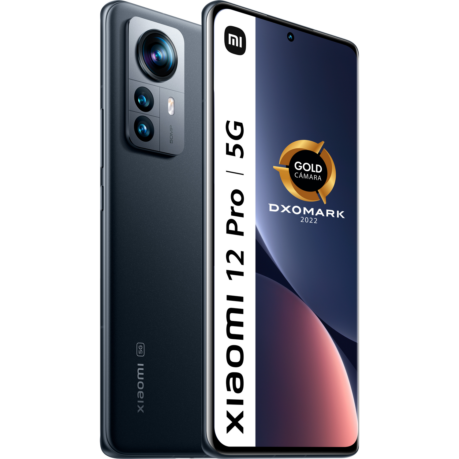 Smartphone Xiaomi 12 Pro 5G, vista trasera negra y pantalla con insignia de cámara dorada.