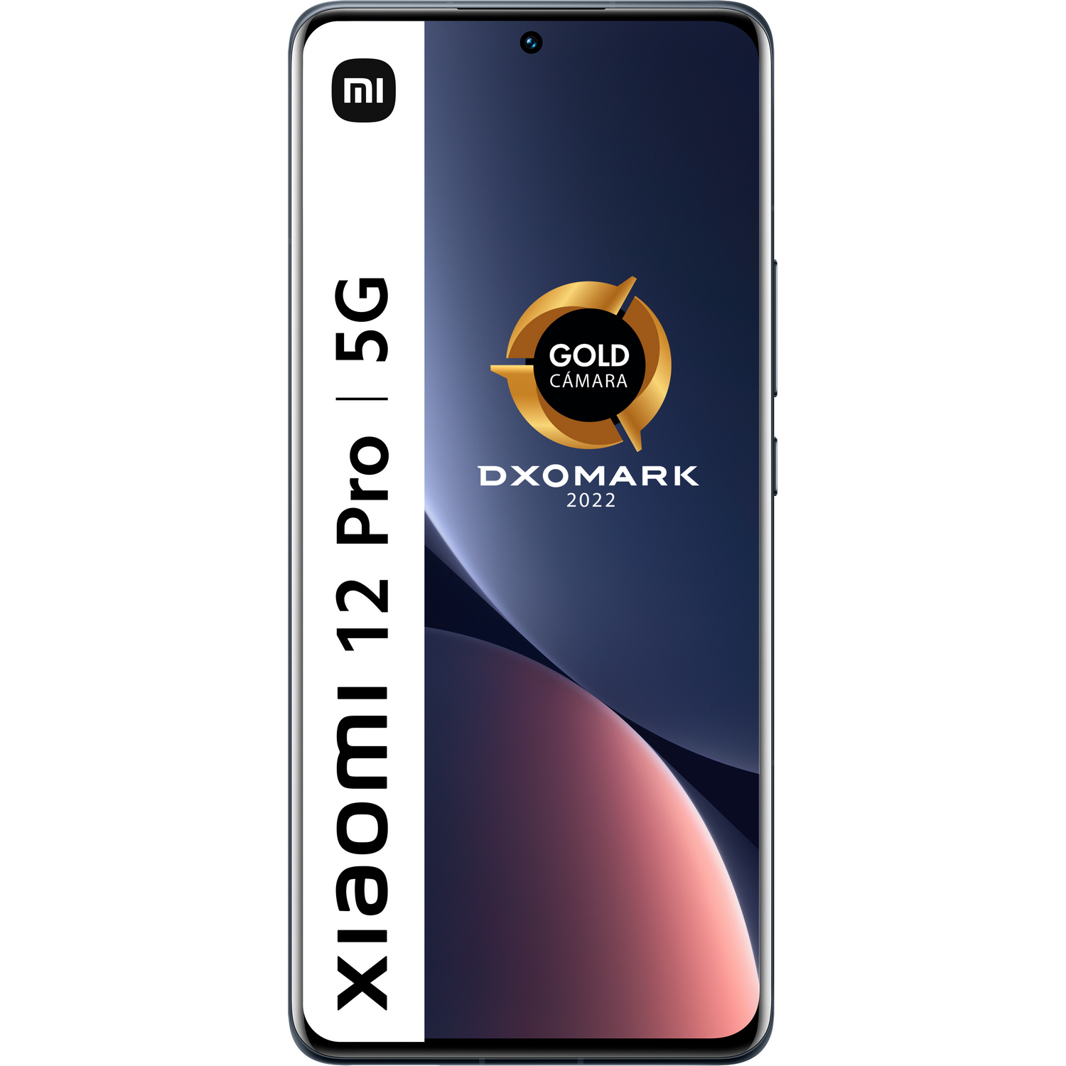 Smartphone con logotipo de círculo dorado y texto: Xiaomi 12 Pro 5G, DXOMARK 2022.