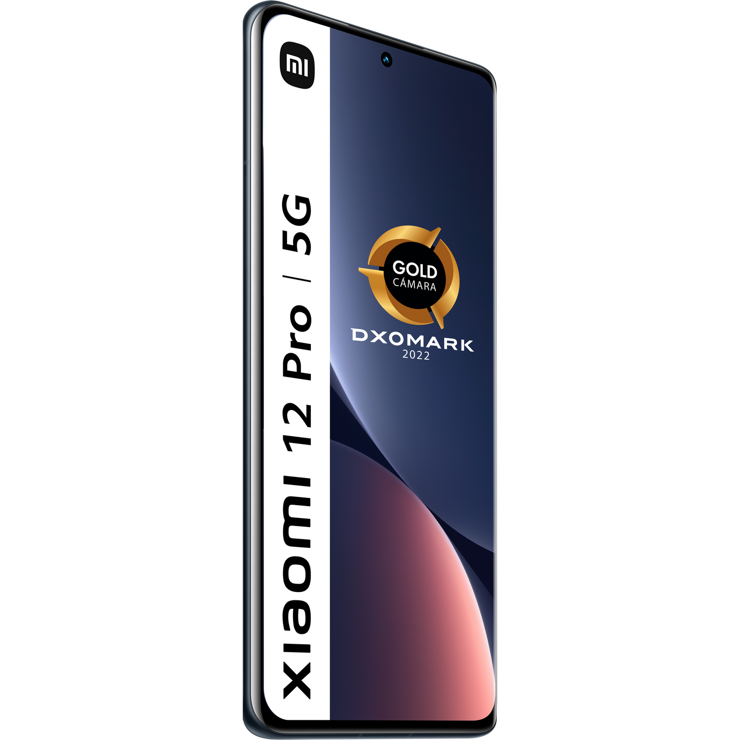 Smartphone Xiaomi 12 Pro 5G en estudio, con el logo DXOMARK 2022 y texto blanco.