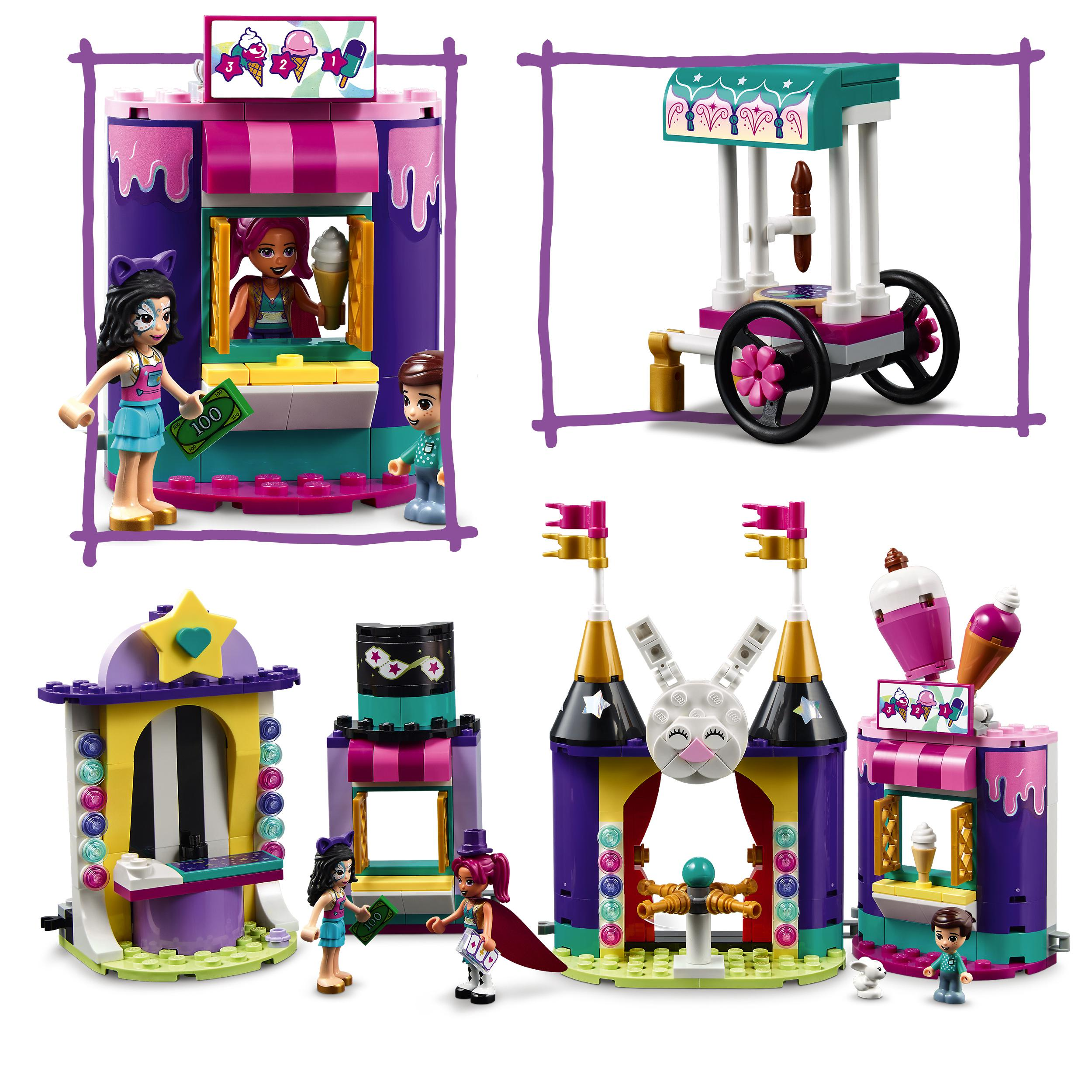 LEGO Friends-Set. Verfügt über mehrere Eisstände und Mini-Figuren. Hell gefärbt.