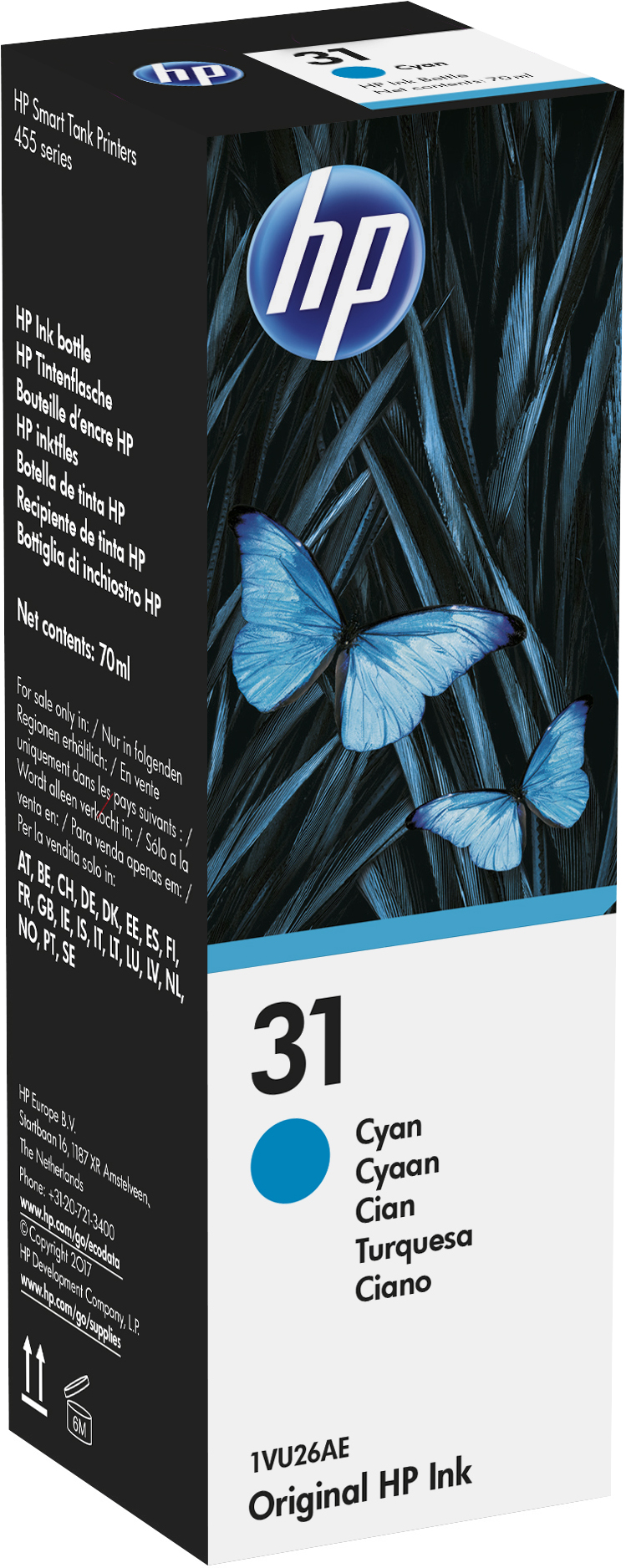 Boîte d'encre HP avec papillons et texte en plusieurs langues, dont Cyan.