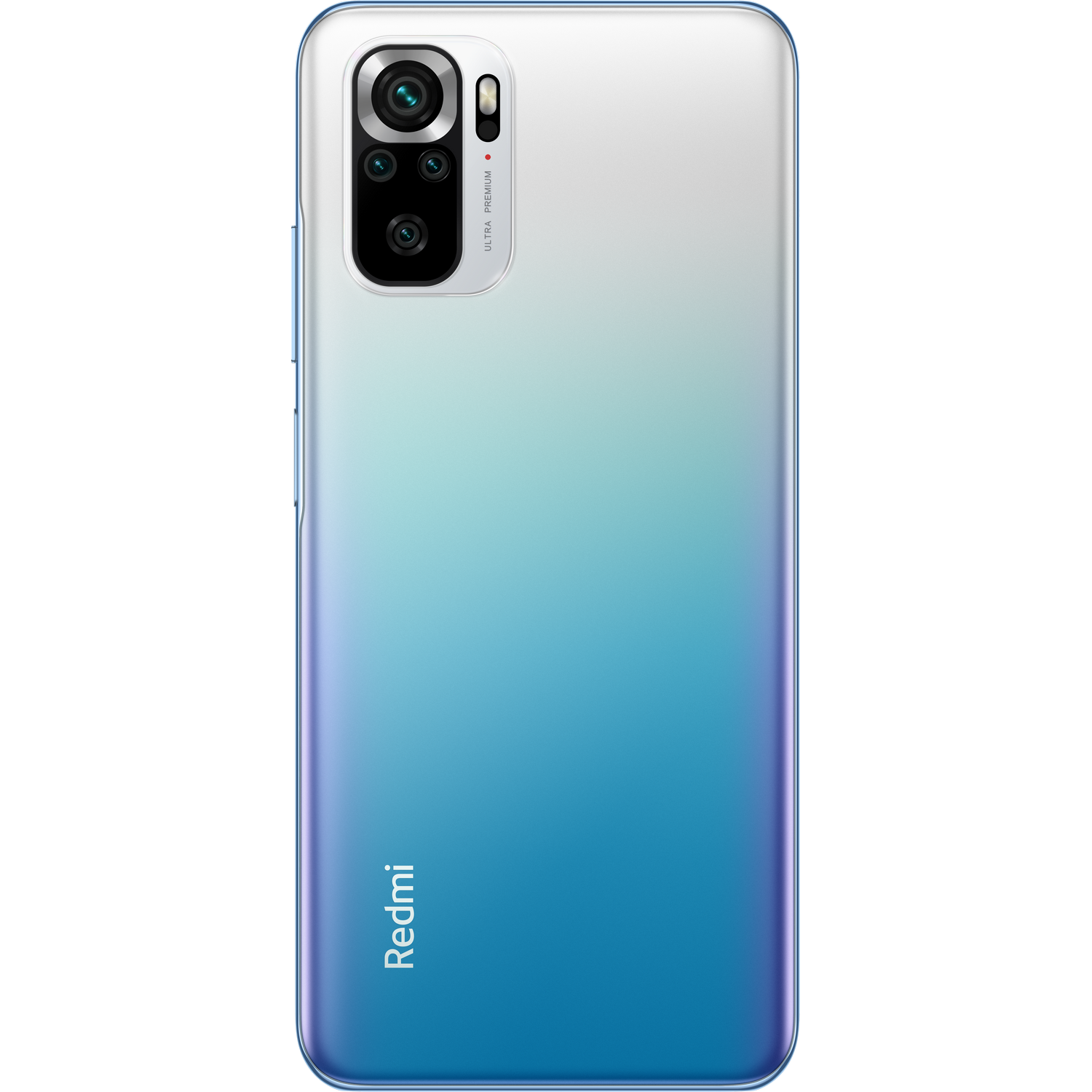Parte trasera de un teléfono Redmi azul y blanco degradado con cámara y logotipo.